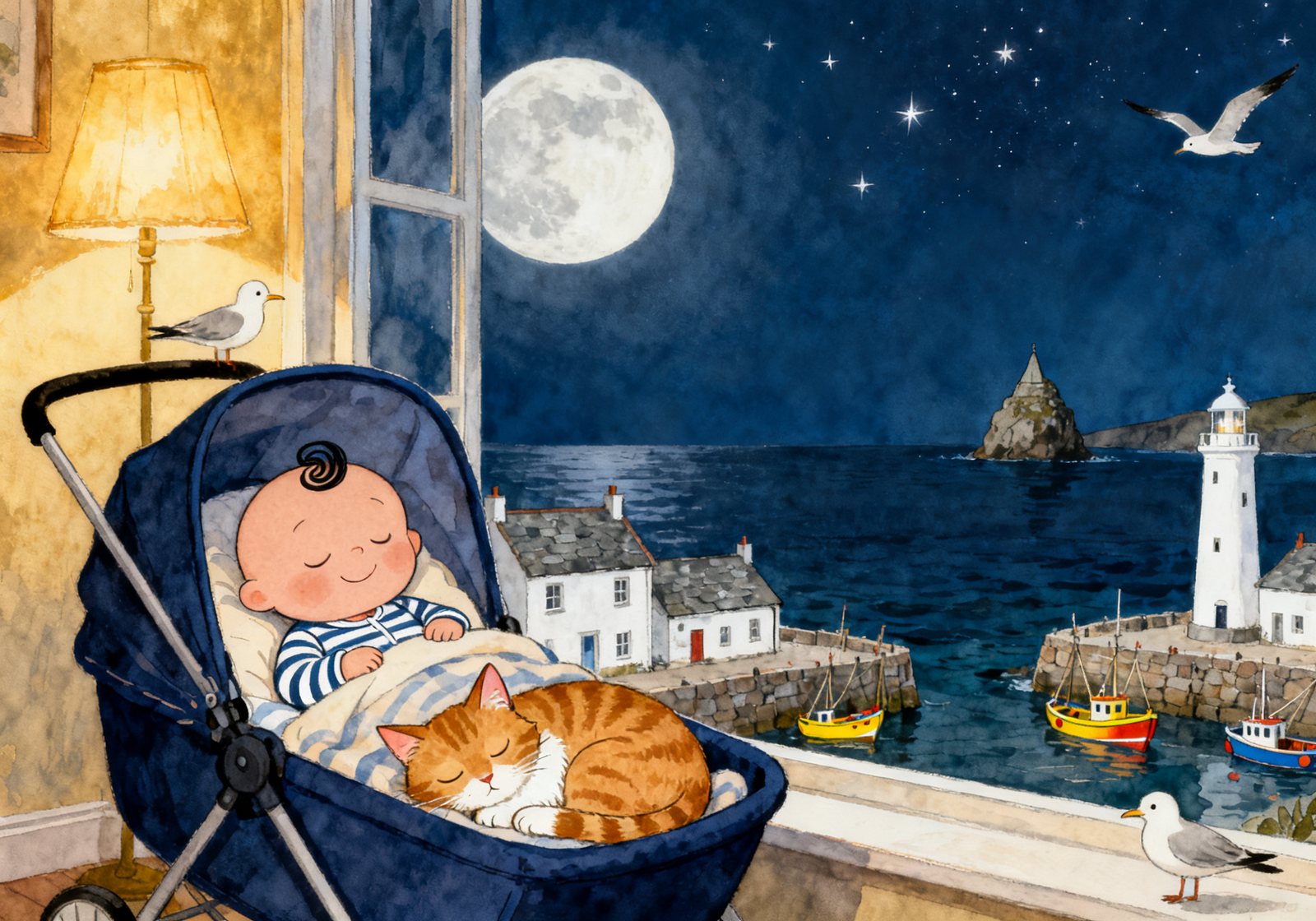 Night over Polperran harbour — moonlight on the sea through a nursery window