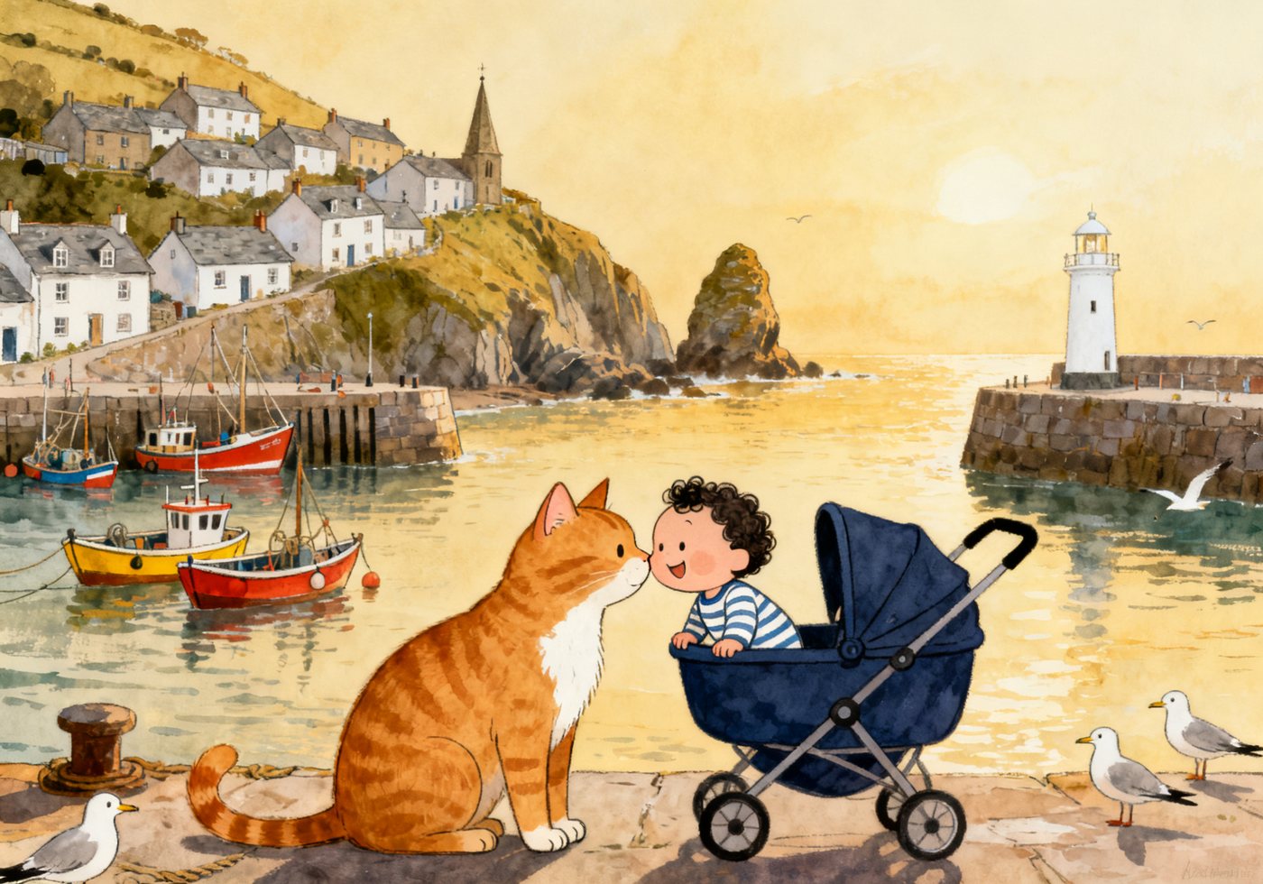 Pilchard the harbour cat greeting Baby Perran, nose to nose, on the quay at Polperran