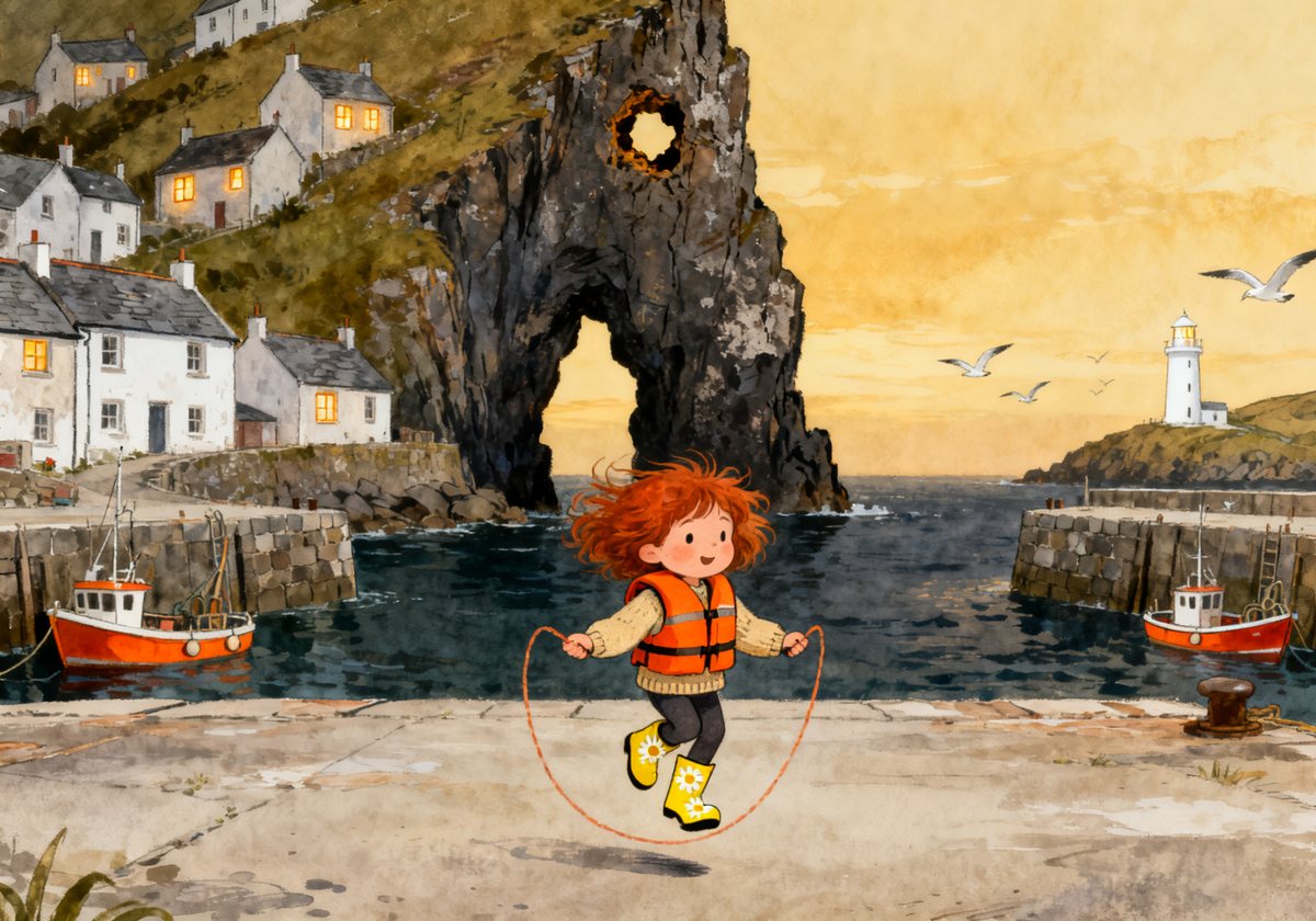 Tegen skipping alone on the quay at dusk, Church Rock dark on the sea behind her